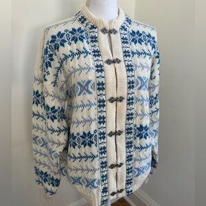 Voss of Norway New Wool Blue Cream Fair Isle Cardigan Sweater Large